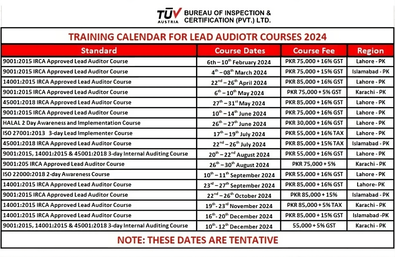 Training Calendar TUV Austria Bureau of Inspection & Certification